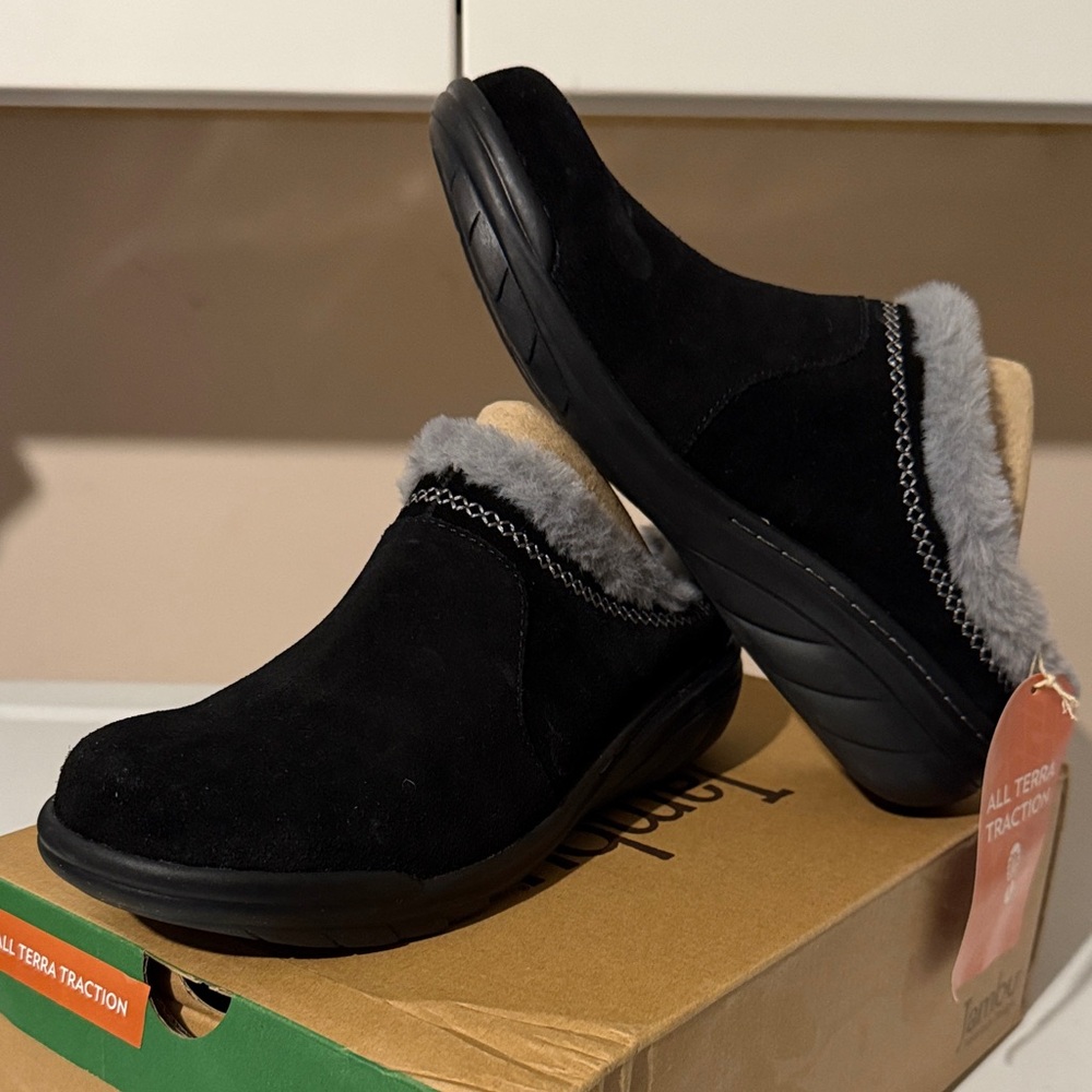 New Jambu Black Suede Mules with Gray Trim